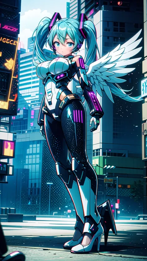    masterpiece  , Hatsune Miku・VOCALOID, ((Mecha Girl)),    twin tails,    Light Blue Eyes, Light blue hair,    Bodysuit    , ((   Angel Wings  )), (Mecha Girl), ((   cyberpunk   )),    ultimate physical beauty,    high heels、     Beautiful Eyes   , Big Br...