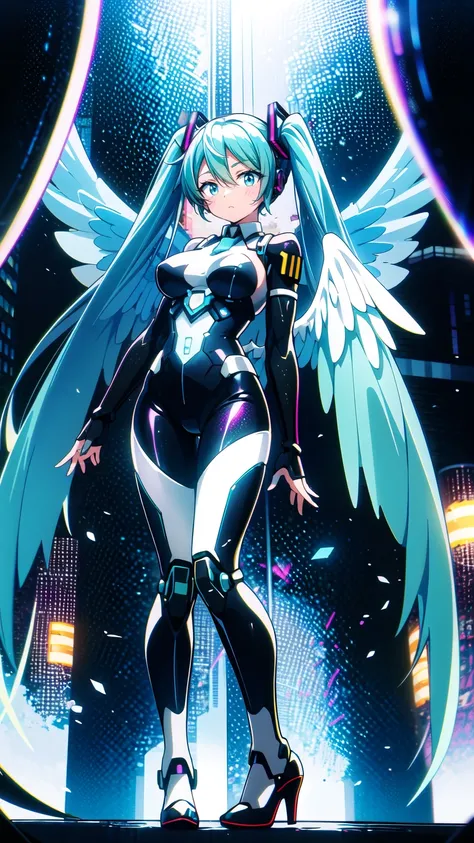    masterpiece  , Hatsune Miku・VOCALOID, ((Mecha Girl)),    twin tails,    Light Blue Eyes, Light blue hair,    Bodysuit    , ((   Angel Wings  )), (Mecha Girl), ((   cyberpunk   )),    ultimate physical beauty,    high heels、     Beautiful Eyes   , Big Br...