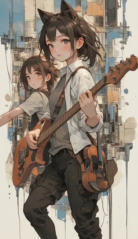  draw me a picture where there is a girl with her back a little to the right,  the girl with wolf cut hair ,  a gray t-shirt and a black short with a guitar in her hands  (Who is playing ) And another girl behind his back but from the front and looking bac...