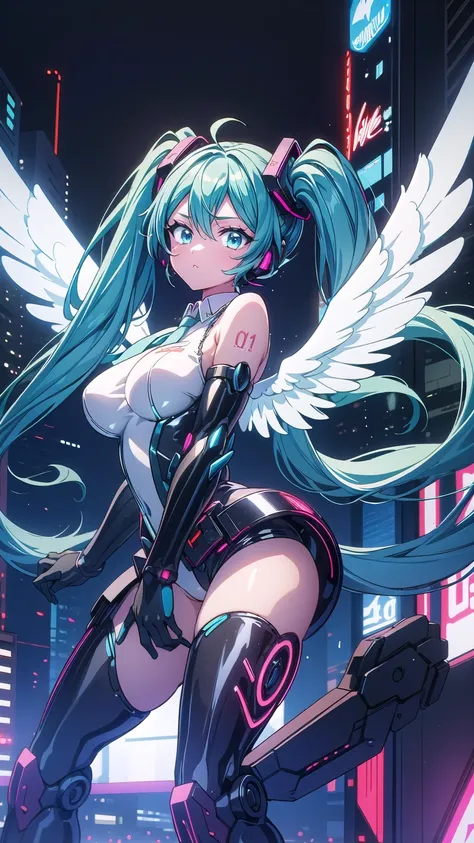   Masterpiece , Hatsune Miku・VOCALOID,  ((Mecha Girl)),   twin tails,   Light Blue Eyes, Light blue hair,    Bodysuit    , ((  Angel Wings )), (Mecha Girl), ((  cyberpunk  )),   ultimate physical beauty,    Beautiful Eyes  , Big Breasts, Big Breasts, top q...