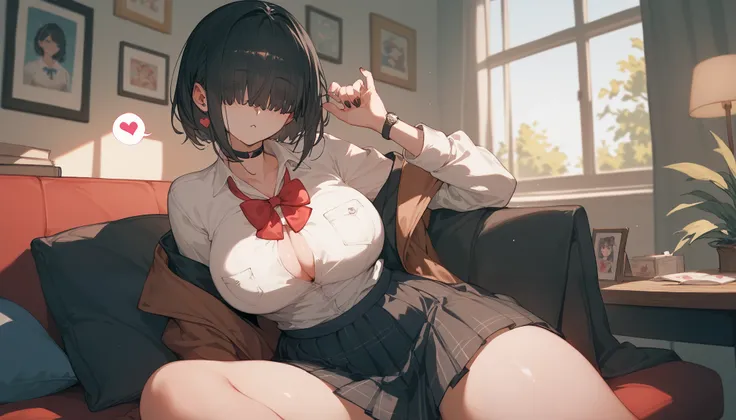 Stinking eyes、medium black hair 、Obscene atmosphere、Many Hearts, hair over eyes, black eyes, big breasts、lethargy school uniform、short stature、half undressed、
