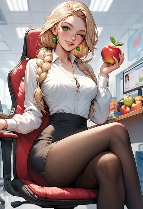 masterpiece, best quality, solo, 1girl, appl3jack, freckles, smile, looking at viewer, sitting, swivel chair, crossed legs, holding fruit, apple, low-tied long hair, blonde hair, green eyes, one eye closed, white shirt, collared shirt, long sleeves, black ...