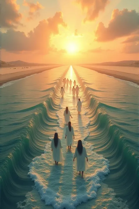 An open sea in two with medium waves and people in white robes crossed by the middle in the middle of the sea, a dry sandy road and a brilliant sunset. 