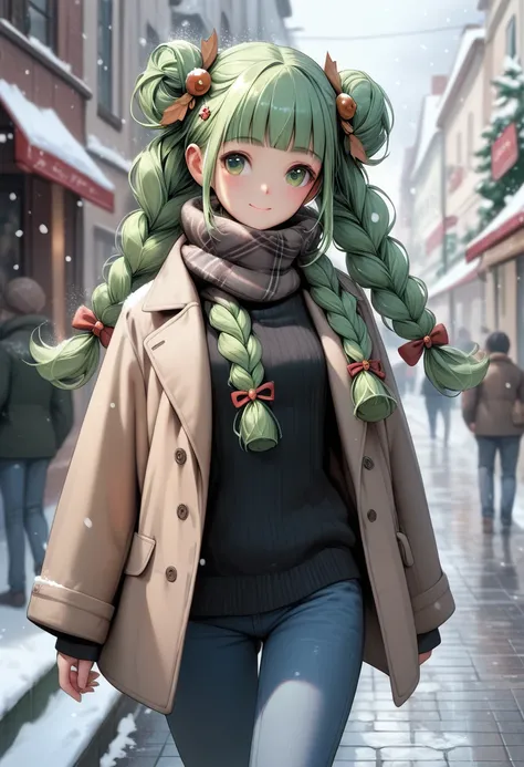 masterpiece, best quality, solo, 1girl, q1ngyi, slight smile, closed mouth, looking away, walking, long hair, green hair, blunt bangs, twintails, twin braids, hair ornament, green eyes, winter clothes, brown coat, open coat, long sleeves, black sweater, je...