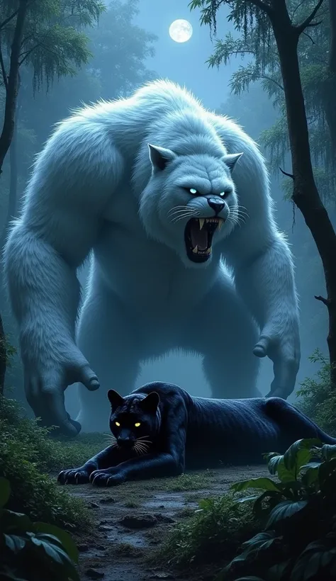 In a dark, dense jungle setting shrouded in mist and shadows, a massive Snow Kong crouches low, its frost-covered white fur shimmering faintly under the dappled moonlight filtering through the canopy. Its colossal frame exudes primal power, and its glowing...