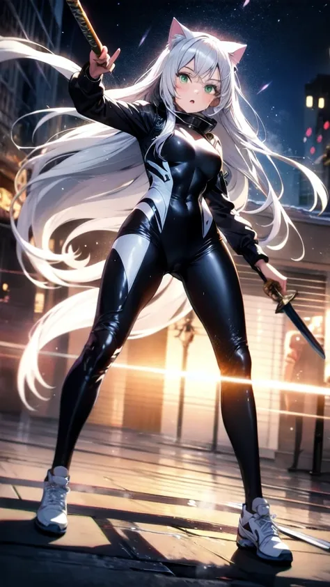 A beautiful girl with silver cat ears, green eyes, silver hair, long hair, black and white battle suit that fits her body perfectly, the background is the night city, the age is 14, dark night, sweat, steam from exhalation, dynamic angles, dynamic action p...