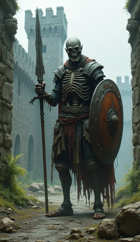  A medieval zombie warrior with a sword and a shield, It has a ruined castle in the background 