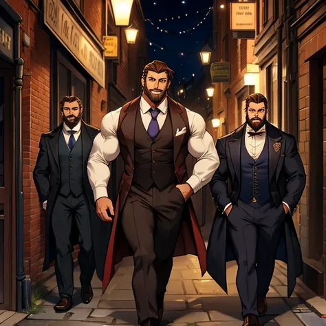 Tall well built gentleman, wearing suite and tie, large coat draped over shoulders sleeveless, bulging muscles, stretched well made clothes, brown hair and beard, mature handsome man, sexy, erotic, Victorian age city,  dark night alleyway, walking forwards...