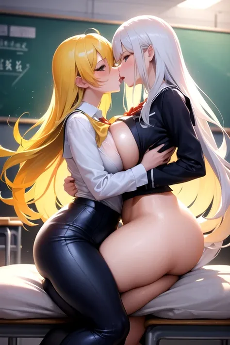 lesbian (very long loose yellow hair)( big breasts ,  big thighs)(with school uniform clothes it is very tight) that he is kissing and touching his parts at school with his girlfriend(that they are in a very sexy and compromising position with their girlfr...