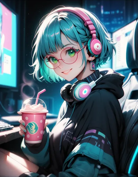 masterpiece, chromatic aberration,nv-kawaiitech, scifi, pastel colors, kawaii, 1girl, at a dark room, at night , city view from the window , headphones around neck, staring at a computer monitor, smile, from side, pixie cut, aqua hair, green eyes, round gl...