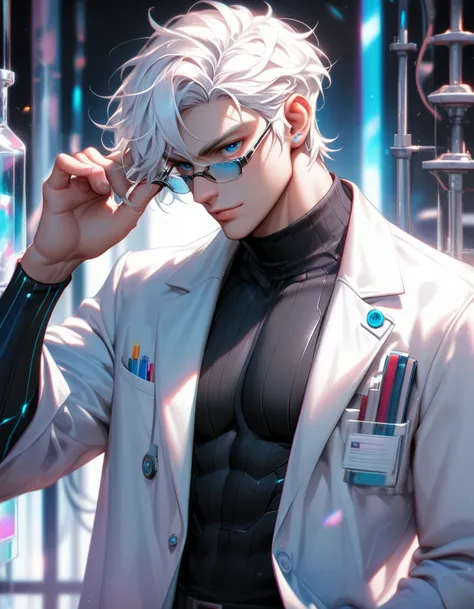 masterpiece, chromatic aberration,nv-kawaiitech, scifi, pastel colors, handsome muscular man, cybernetic skin, adjusting glasses, white hair, blue eyes, holding book, laboratory, open coat, lab coat,
