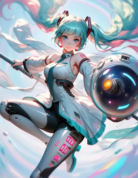 masterpiece, chromatic aberration,nv-kawaiitech, scifi, pastel colors, depth of field, vapor, sleek robot, holding a weapon, dynamic pose, looking at viewer , space helmet, blunt bangs, hatsune miku,
