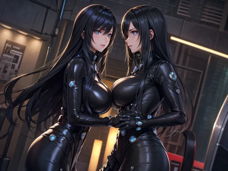 2 girls, Alone, standing,  seen from the front ,  looking at the spectator , manos perfectas,  big breasts ,slender,shimohira reika,  Black hair, long hair, Shiny hair , body, , masterpiece ,noise reduction, perfect anatomy , high resolution,  ultra detail...