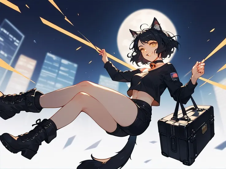 A Catgirl, black hair, golden eyes, choker with bell, black top, black shorts, and heavy duty boots, with many wounds on her arms and legs, which appear to be fresh, smiling at the camera, with a black security briefcase in her hand, Falling out of a very ...