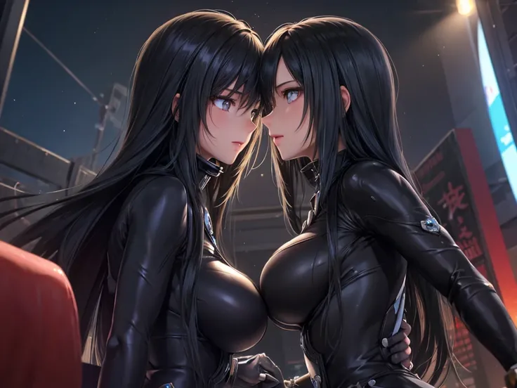 2 girls, Alone, standing,  seen from the front ,  looking at the spectator , manos perfectas,  big breasts ,slender,shimohira reika,  Black hair, long hair, Shiny hair , body, , masterpiece ,noise reduction, perfect anatomy , high resolution,  ultra detail...