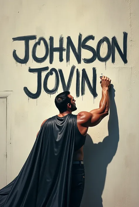 Picture of a super man writing "Johnson jovin"on the wall 