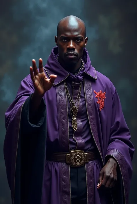  Black man A cinematic shot of a bald-headed urban wizard with a muscular build are 25. He is wearing a wizard robe and a Luxury fashion monogram with the colors red and purple. The text "BAKI DA WIZARD" is displayed on the robe. The wizard is casting a sp...