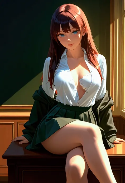 (hogwarts academy) a cute young female substitute magic  teacher in her 20s, unbuttoned blouse, short skirt, delicate magical emblems, sitting on her desk, legs crossed gently kicking no panties, neatly trimmed pubic hair, breasts dangling with no bra, abs...