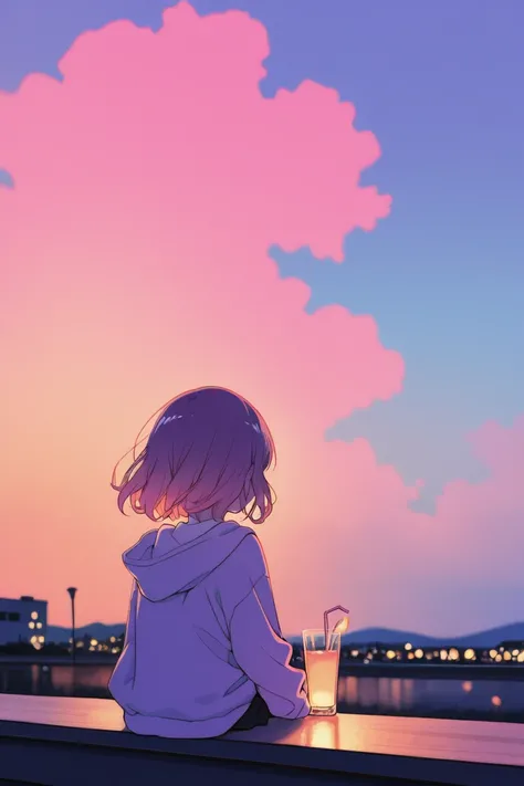 masterpiece, best quality, ultra-detailed, lofi-style illustration with soft purple, pink, and orange hues.chibi, A peaceful scene of a young girl sitting alone at an outdoor café in the evening, bathed in the warm glow of a setting sun. Her hair is short ...