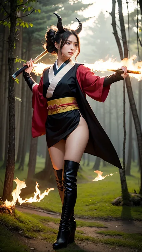 ② Create a high-resolution depiction of a Balrog reimagined as the ultimate samurai.

Details:  
- **Appearance**: Beautiful young girl, exuding a sense of strength, grace, and fierce determination.  
- **Pose**: Standing confidently with her katana drawn,...