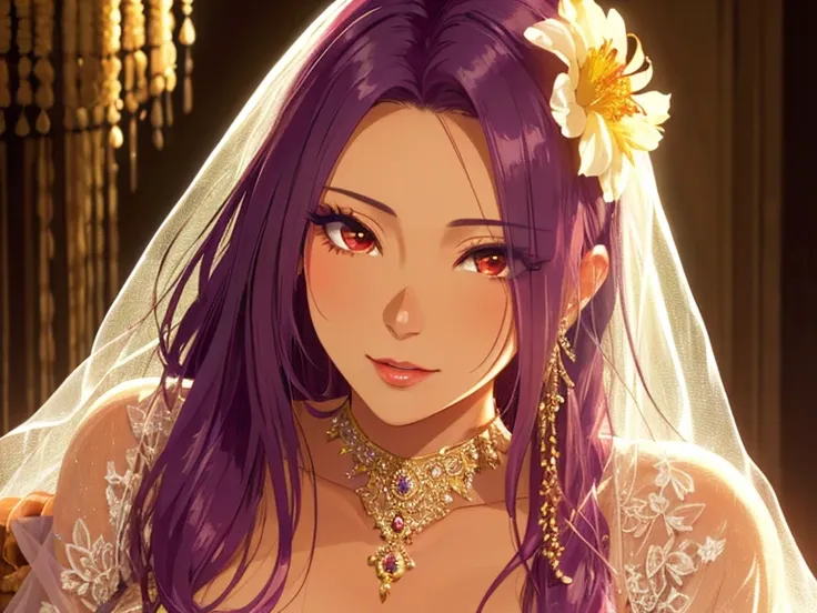 A dim-lit natural-tan mature hottie bride!, intimate-flower-themed with long hair, overflowing kindness, decent makeup!, realistic and detailed, best quality, otherworldly splendor, inspired by pretty sexie Seira Sodeshiro. relaxed, captivating visial stor...