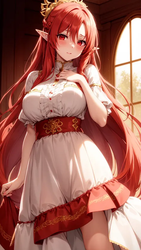  anime girl image,red eyes, red hair,Elf ears,eleven, white dress ,long skirt,Milf,adult woman, long hair , wavy hair ,beautiful, seductive face , seductive face ,Dressed like an angel, with gold detail on the waist , with transparent lace sleeves,with gol...