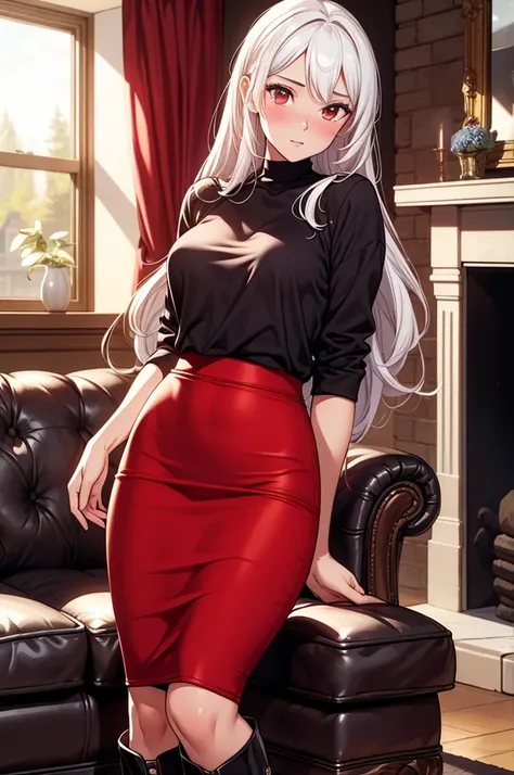 ((masterpiece, best quality:1.3, high detail)), beautiful woman, looking at viewer, long hair, (white hair), full-face blush, solo focus, one person, (black blouse, (long red pencil (skirt))), pencil skirt, boots, (indoors, fireplace, window, couch), (lowe...