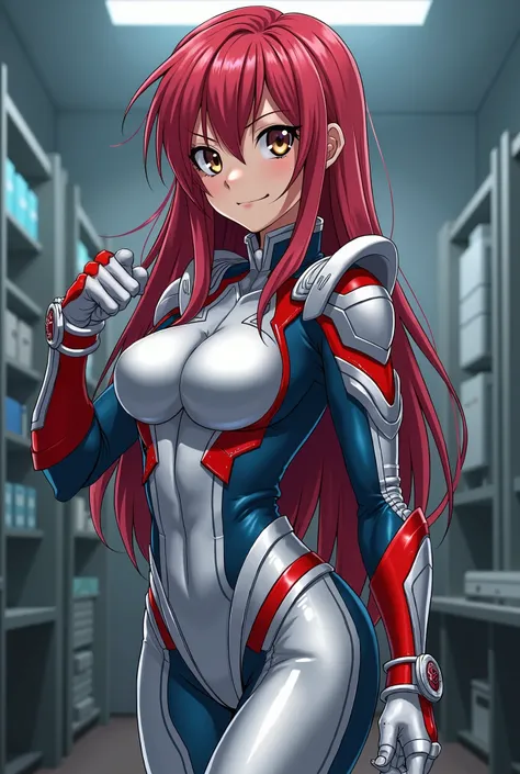 My Hero Academia Style , Anime girl, female, young female ,Full Body Shot,(fighting stance:1.3),Long hair, Red Hair,  Brown Eyes,Hero Suit, Full Body Suit, Silver suit with Red and Blue details,perfect anatomy,  Toughened Abs,super detailed,(Computer room)