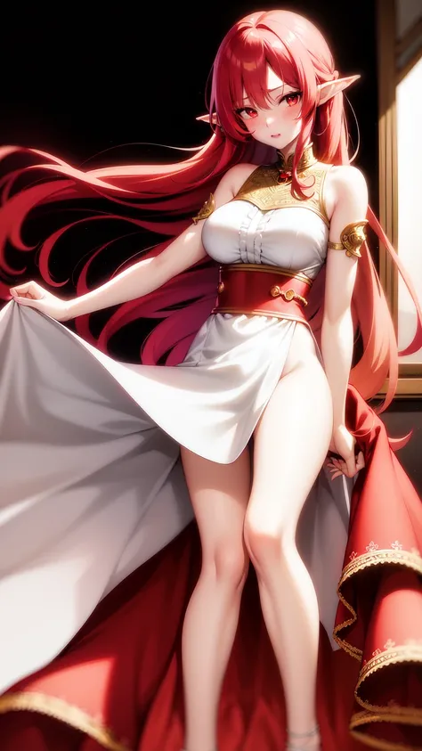  anime girl image,red eyes, red hair,Elf ears,eleven, white dress ,long skirt,Milf,adult woman, long hair , wavy hair ,beautiful, seductive face , seductive face ,Dressed like an angel, with gold detail on the waist , with transparent lace sleeves,with gol...