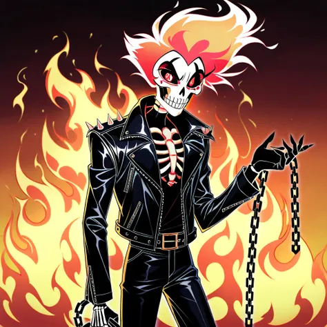 1boy, Black Spike on the shoulder, jacket, Black shirt, leather jacket, Skeleton face black pants, fire eyes, holding chain, ghost rider, fire eyes, hazbin hotel style,