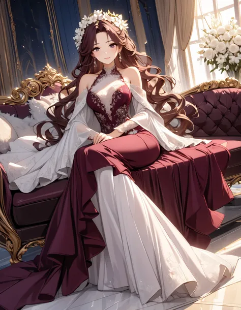 A very beautiful anime style girl super ultra HD 8k high quality resolution Design a luxurious and enchanting scene featuring a beautiful woman seated gracefully on a modern sofa in a sophisticated living room. The woman has long, wavy chestnut hair adorne...