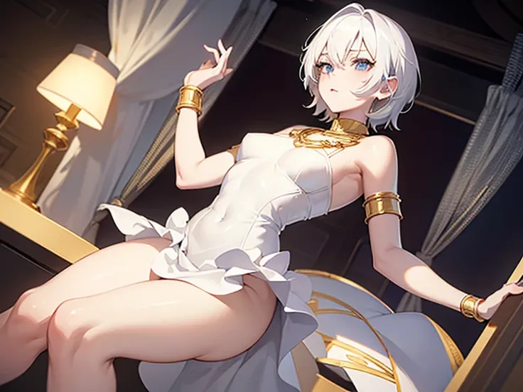 1 femboy,  white hair, pale skin,  wide hips,  Short Hair ,  white dress , golden bracelets, gold necklace.