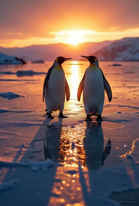   the shadow must be projected on the surface of the water  ,   silhouette focus  ,   ice  .  この画像teeth、 captures the realism and energy of the moment when it emits vivid colors  ,   dynamic scene where the penguins shadow is in focus  ,   cast prominent s...