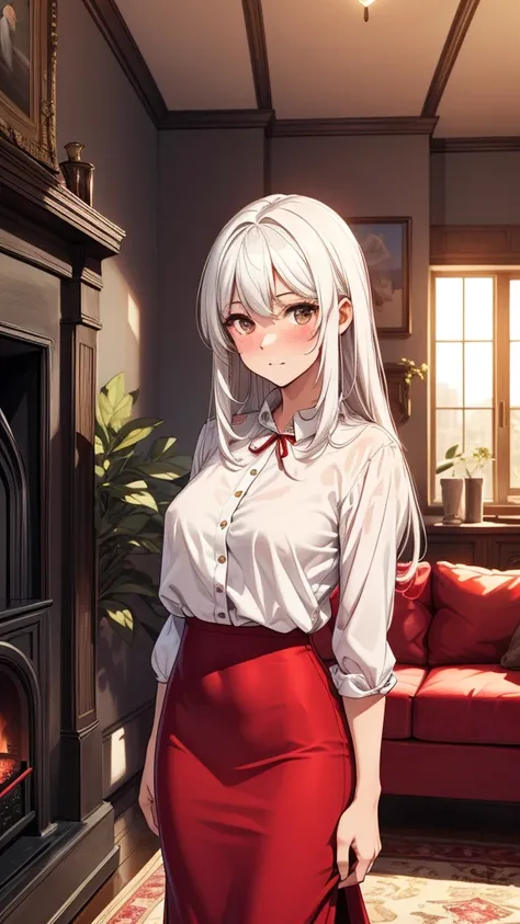 ((masterpiece, best quality:1.3, high detail)), beautiful woman, looking at viewer, long hair, (white hair), full-face blush, solo focus, one person, (black blouse, (long red (skirt))), pencil skirt, (indoors, fireplace, window, couch), (lower body), (real...