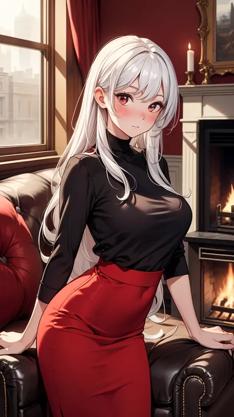 ((masterpiece, best quality:1.3, high detail)), beautiful woman, looking at viewer, long hair, (white hair), full-face blush, solo focus, one person, (black blouse, (long red (skirt))), pencil skirt, (indoors, fireplace, window, couch), (lower body), (real...