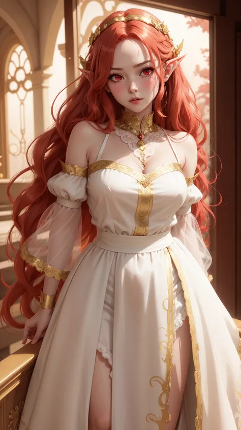  anime girl image,red eyes, red hair,Elf ears,eleven, white dress ,long skirt,Milf,adult woman, long hair , wavy hair ,beautiful, seductive face , seductive face ,Dressed like an angel, with gold detail on the waist , with transparent lace sleeves,with gol...