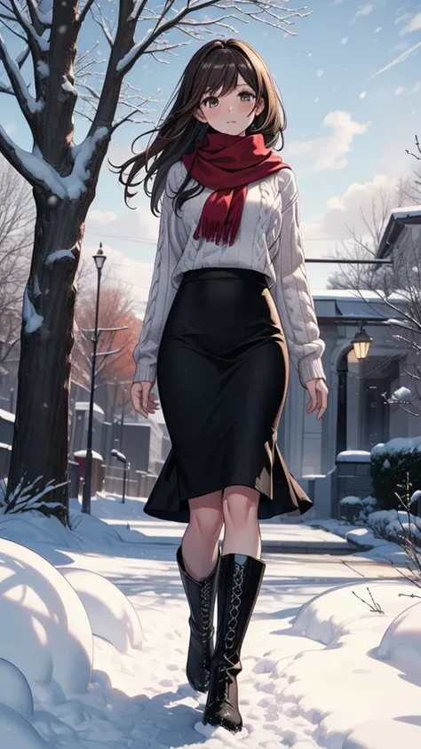 ((masterpiece, best quality:1.3, high detail)), beautiful woman, looking at viewer, long hair, (dark brown hair), solo focus, one person, (white sweater, red scarf, ((long black skirt))), long pencil skirt, boots, outdoors, (cloudy sky, snow), (lower body)...