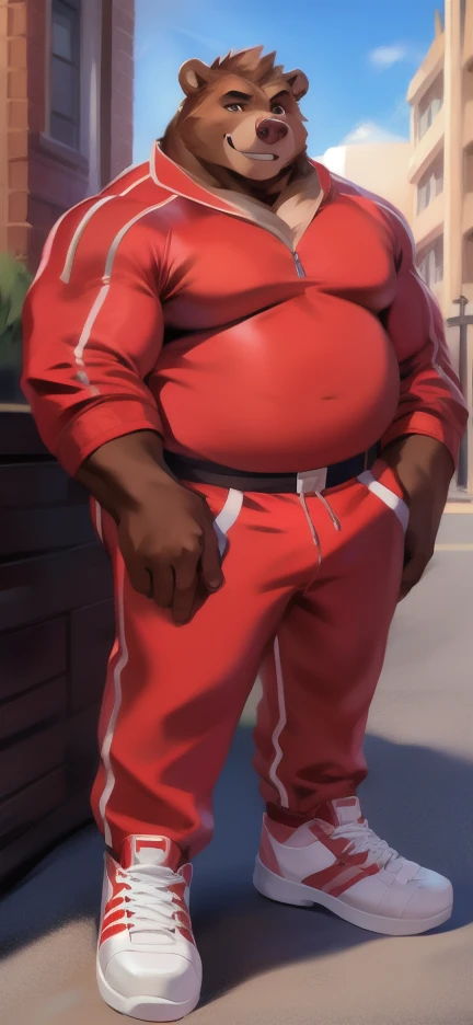 Solo, big male ,huge​ body​,​ Standing ,barrack,big pig bear ,red Tracksuit soldier , Wear combat shoes, overweight, muscular, Smirking , by chunie