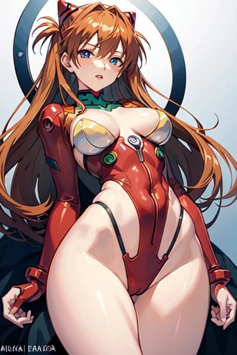  a sexy anime illustration by Asuka Langley from Evangelion, with wide hips and a thin waist,  Big breasts , naughty red outfit with black details  