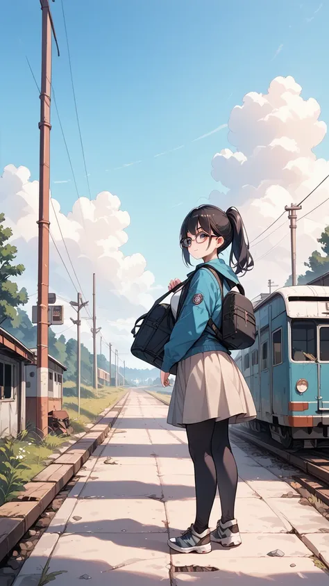 Black hair, glasses, ponytail, hiking, abandoned railway line,