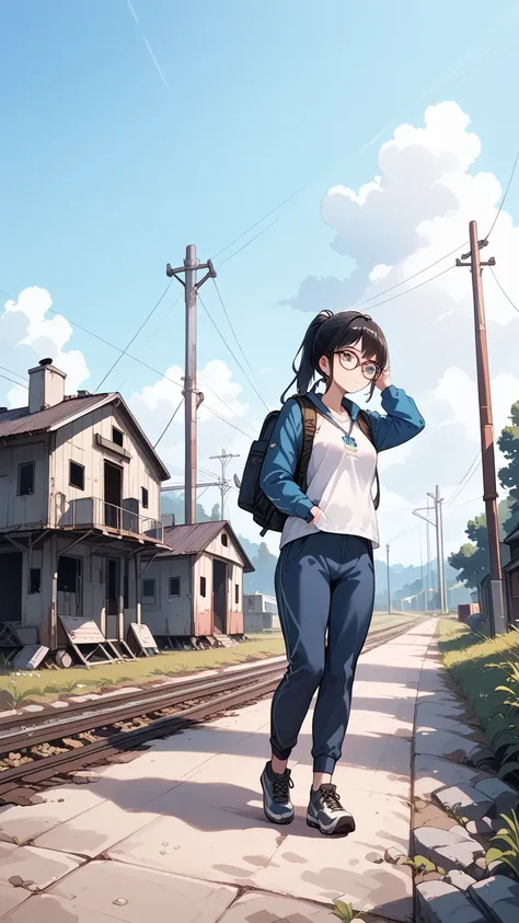 Black hair, glasses, ponytail, hiking, abandoned railway line,