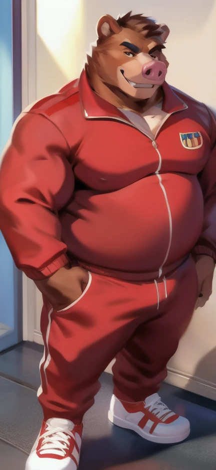 Solo, big male ,huge​ body​,​ Standing ,barrack,big pig bear ,red Tracksuit soldier , Wear combat shoes, overweight, muscular, Smirking , by chunie