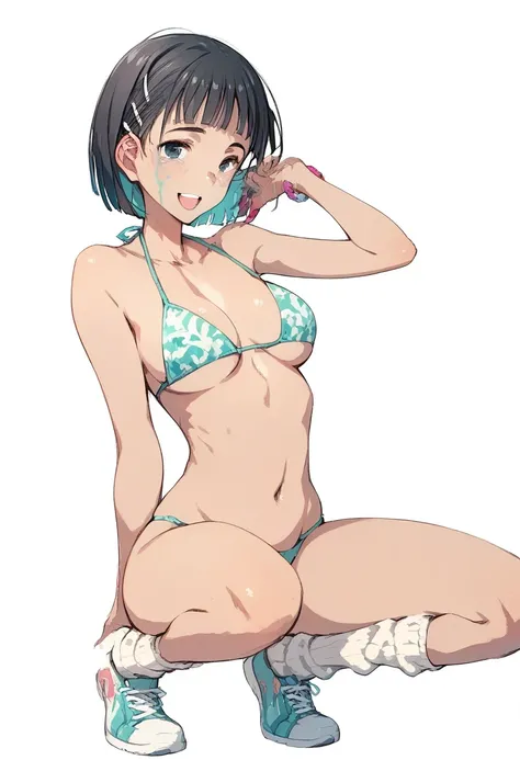 pt,suguha，Staring at me and laughing，very dark brown skin， flashy makeup，A girl who was completely naked and wore only loose socks and a bikini, pure white background,Girl standing facing the front，Wear a bikini with a shiny, flashy design,（ top quality，8k...