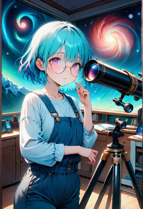  (   Im researching masterpieces in the background :1.2), 最   High Quality   ,    High Quality   ,   nothing , (  super detailed),    detailed background , turquoise hair ,  bangs hide one eye , round tinted glasses  , Oblique Eyes , Pink Eye,white, light ...