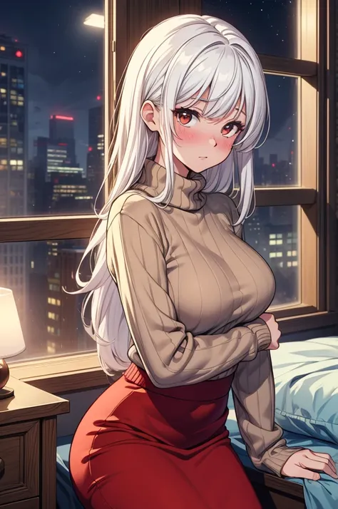 ((masterpiece, best quality:1.3, high detail)), beautiful woman, looking at viewer, long hair, (white hair), full-face blush, solo focus, one person, (oversized sweater, (long red skirt)), pencil skirt, (indoors, bedroom, window, nighttime, blankets), (low...