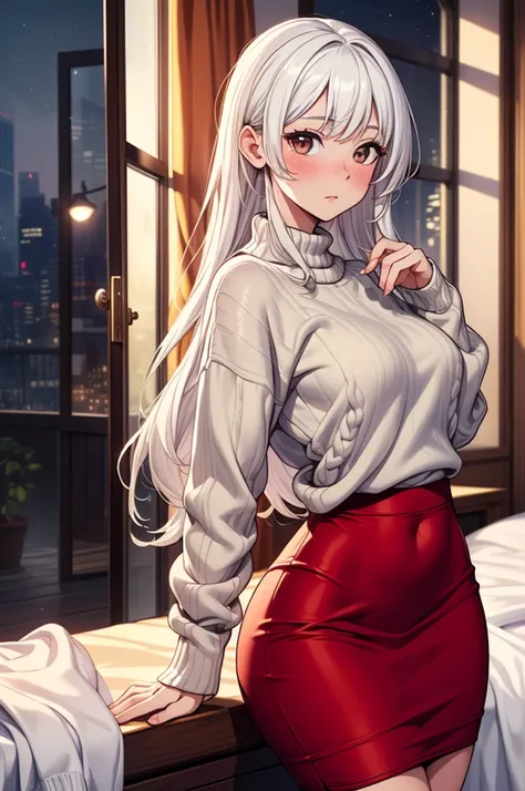 ((masterpiece, best quality:1.3, high detail)), beautiful woman, looking at viewer, long hair, (white hair), full-face blush, solo focus, one person, (oversized sweater, white sweater, (long red skirt)), pencil skirt, (indoors, bedroom, window, nighttime, ...