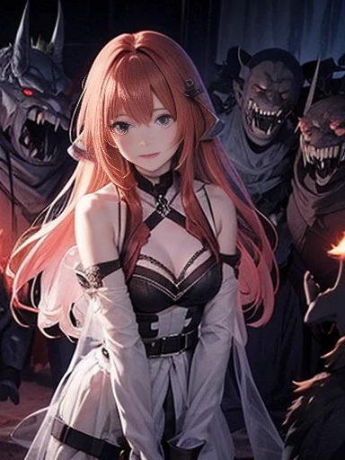  top quality、torture、  slave、restrict、Bondage、Caught by a bunch of monsters 、Surrounded by monsters、、 beautiful woman with very long reddish pink hair（ messy hair standing in the way）、white see-through celtic dress 1:5（white、Small breasts、 deep v-neck、Slee...