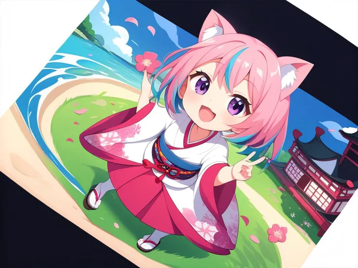 (((pink and light blue))) ((streaked hair)), highlights hair, Background Shrine、Long-sleeved kimono、 short hair, masterpiece, smiling, from above, full body shot, purple eyes, , with cat ears, loli ,  line art , , 1girl,  New Years ink painting 