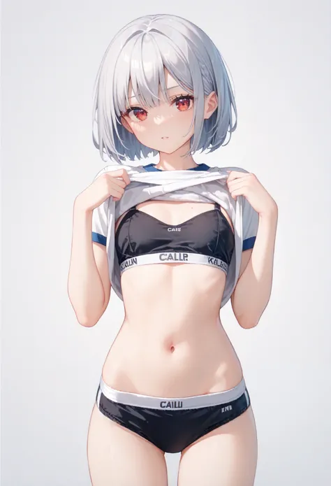 1girl, Alone,silver hair, red  eyes, bob cut sharp facial features, small breasts,porcelain skin,1girl, solo, Calvin Klein underwear, navel, bra, Calvin Klein black bra, panties, black panties, shirt,shirt lift, looking at viewer, white background, clothes...