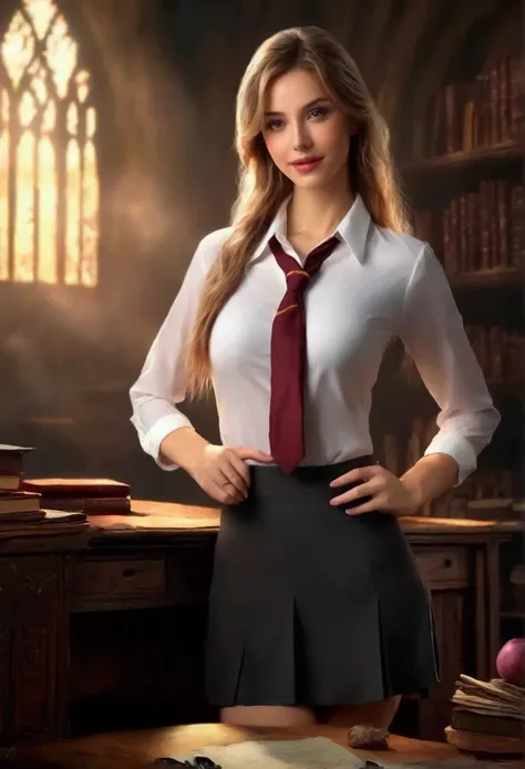 (hogwarts academy) a cute young female substitute magic  teacher in her 20s, unbuttoned blouse, short skirt, delicate magical emblems, sitting on her desk, legs crossed gently kicking no panties, neatly trimmed pubic hair, breasts dangling with no bra, abs...